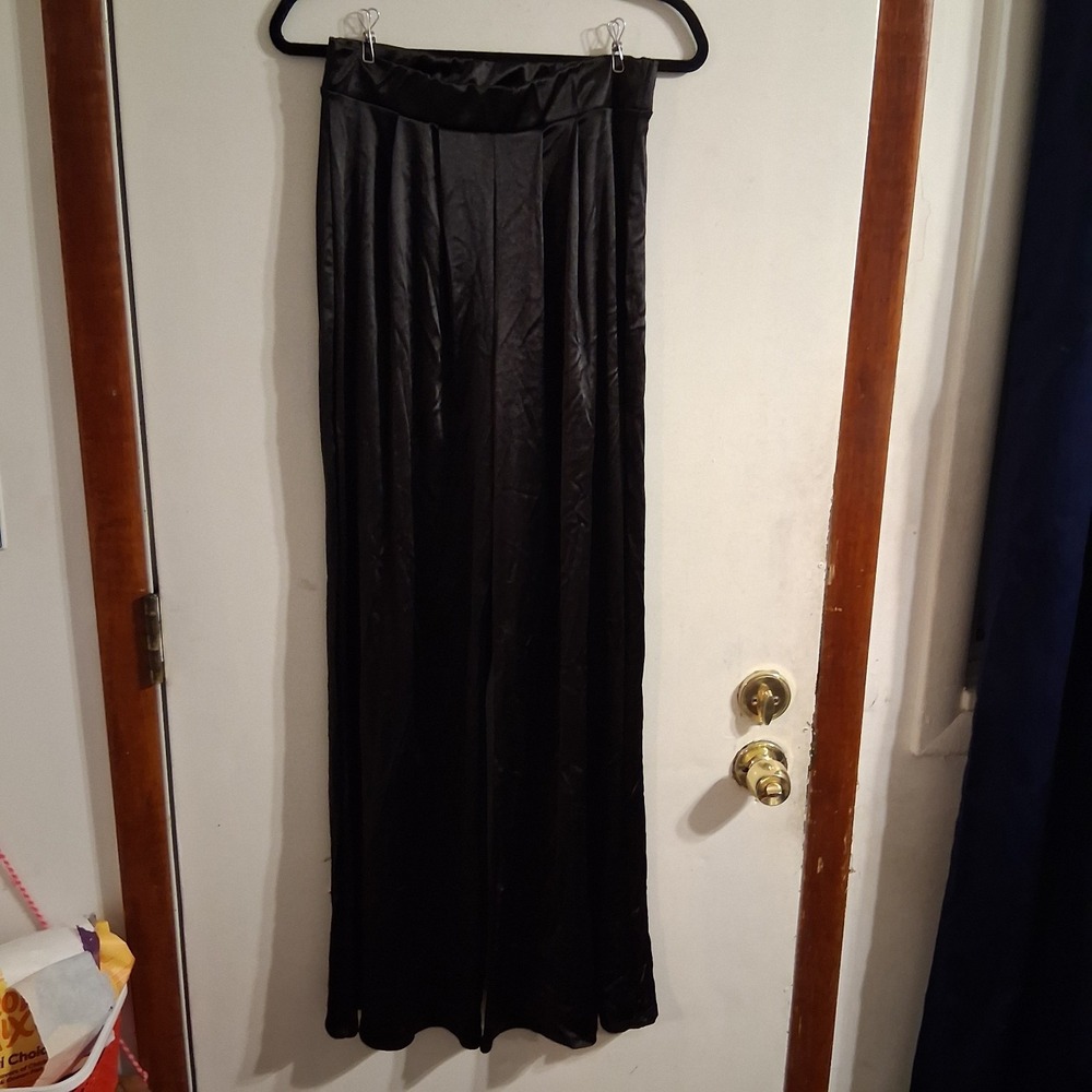 Vintage Y2K Black Satin Wide Leg Trousers‎ Pants EUC S